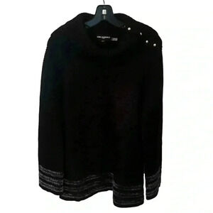 Karl Lagerfeld Women Size Large Sweater Pullover Black Cowl Neck Pearl Buttons